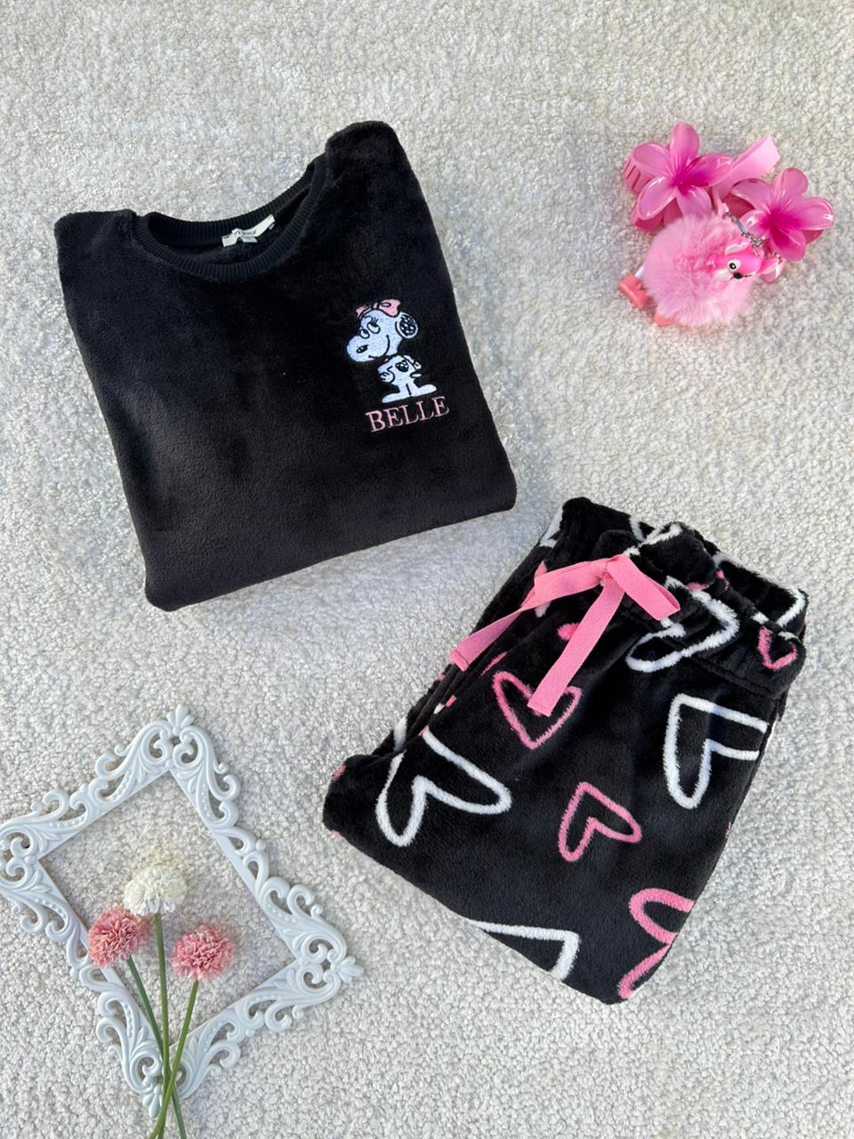 Pyjama fille polaire noir imprimé coeur