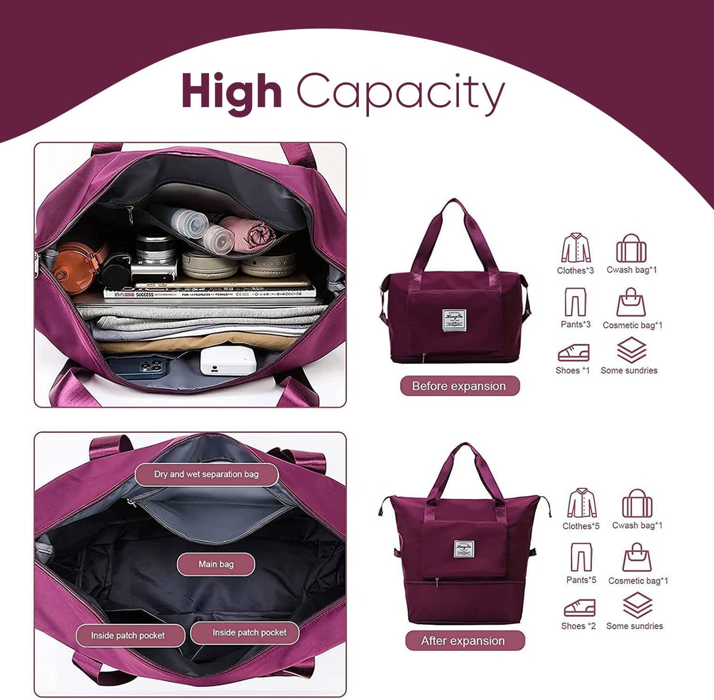 Sac de voyage pliable de grande capacité Sac fourre-tout Bordeaux