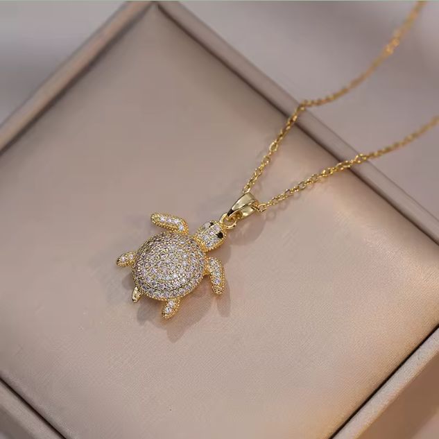 Colliers pendentif tortue en cristal pour femmes- Blanc Gold