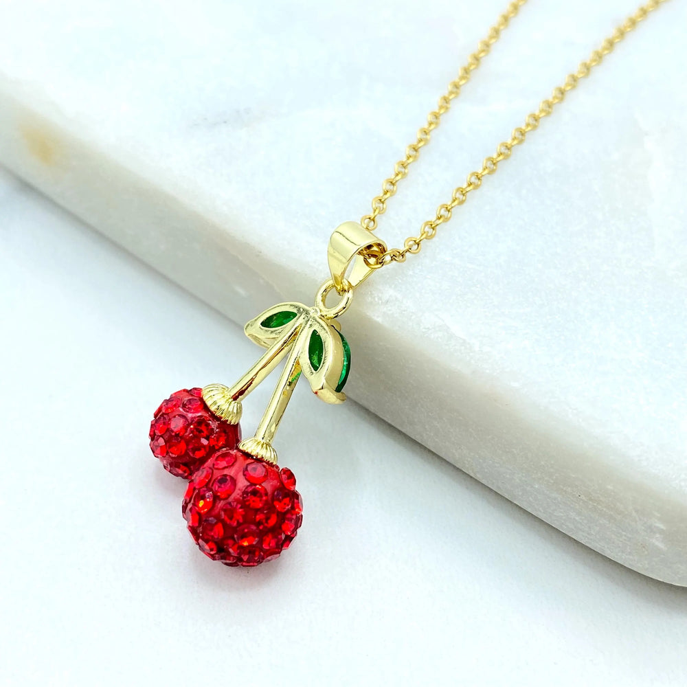 Stainless Steel Cherry Pendant Necklace, Red Crystal Fruit Jewelry, Ce