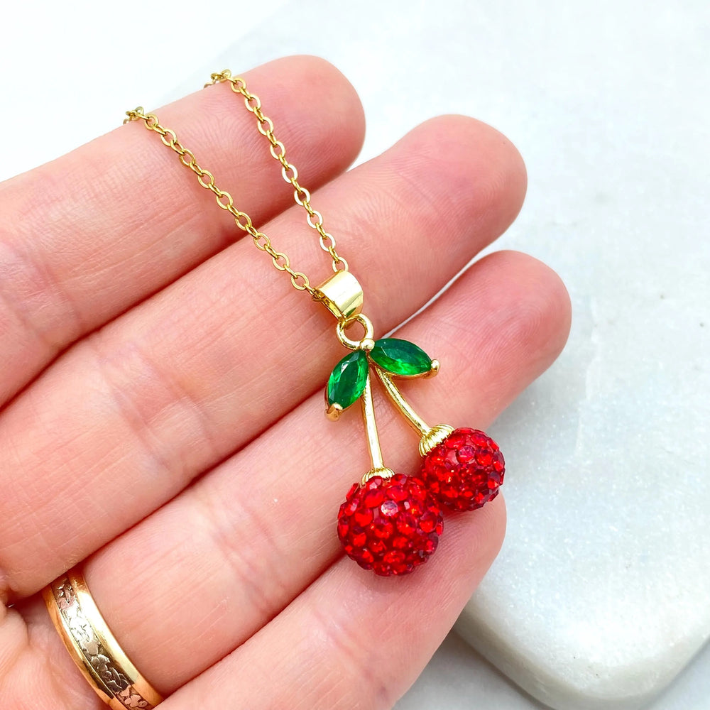 Stainless Steel Cherry Pendant Necklace, Red Crystal Fruit Jewelry, Ce