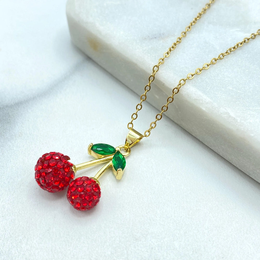 Stainless Steel Cherry Pendant Necklace, Red Crystal Fruit Jewelry, Ce