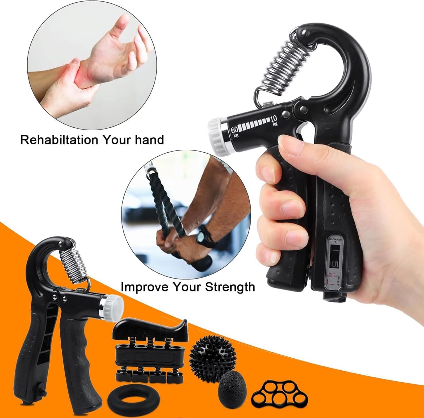 Kit 6 pièces Entraîneur de force de préhension réglable de10 à 60Kg