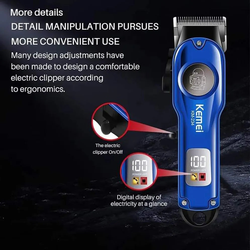 Tondeuse à cheveux professionnelle sans fil rechargeable à affichage LED Kemei KM-234- Bleu