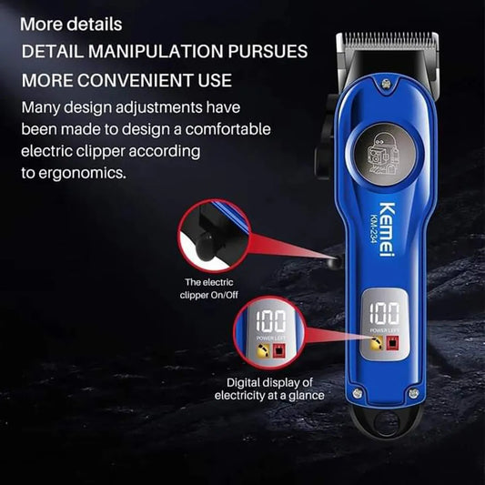 Tondeuse à cheveux professionnelle sans fil rechargeable à affichage LED Kemei KM-234- Bleu