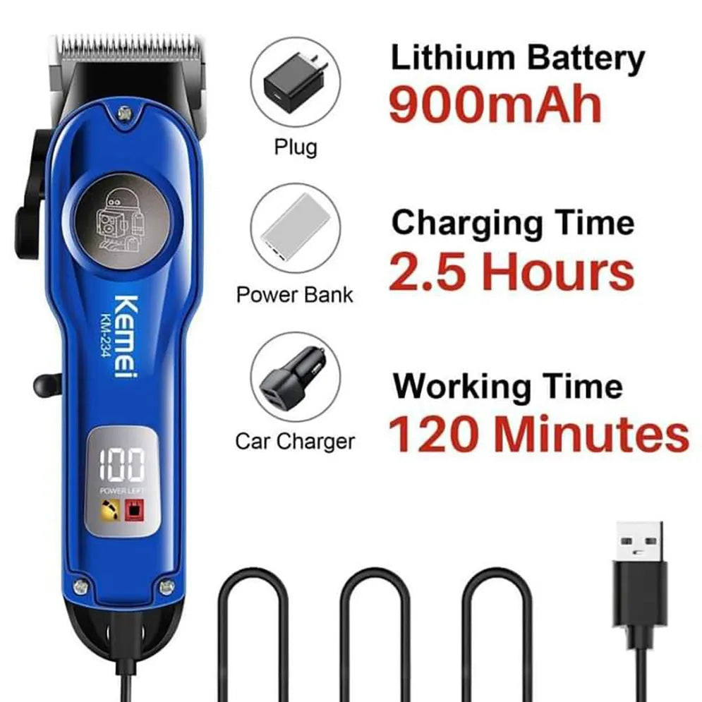 Tondeuse à cheveux professionnelle sans fil rechargeable à affichage LED Kemei KM-234- Bleu