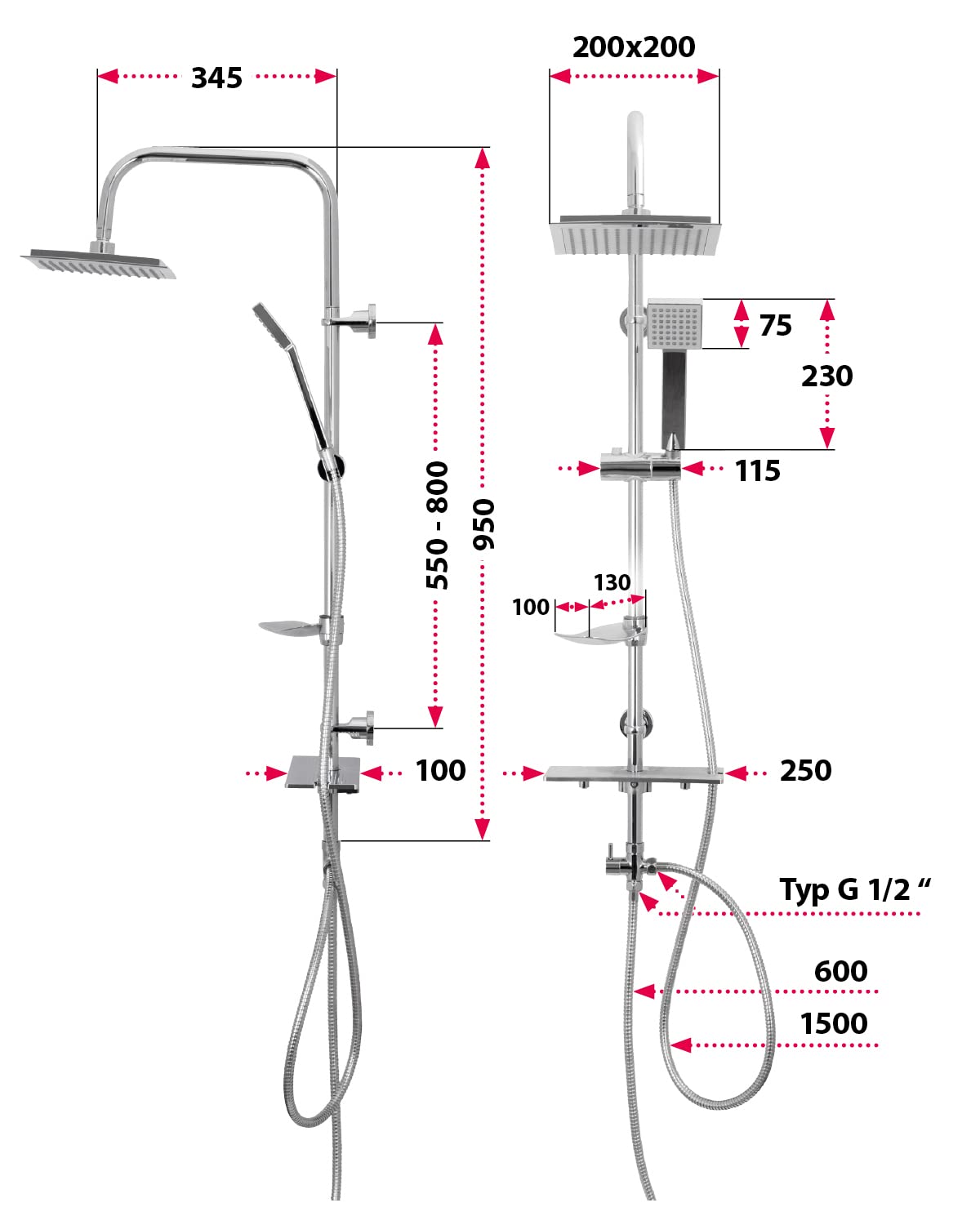 Colone de douche carre inox