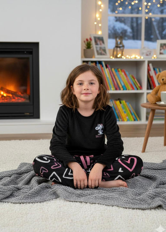 Pyjama fille polaire noir imprimé coeur