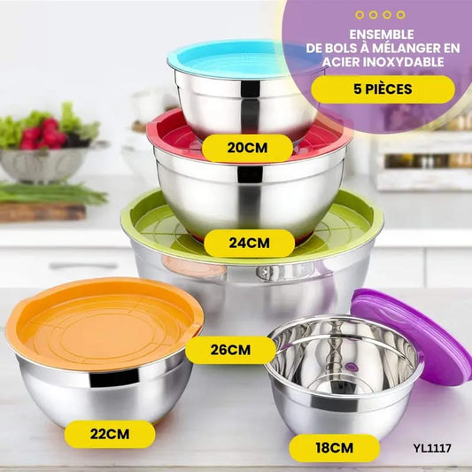 Ensemble de bols en acier inoxydable avec couvercles (5 pièces)