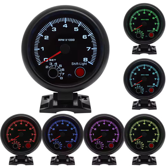 Tachymètre voiture 12V 0-8000 RPM – Compteur tours moteur universel 4, 6, 8 cylindres, rétroéclairage LED 7 couleurs, jauge noire style racing